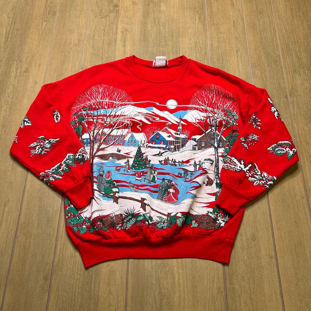 Vintage 90s‎ Holiday Sweater Sz Medium Red Crewneck AOP